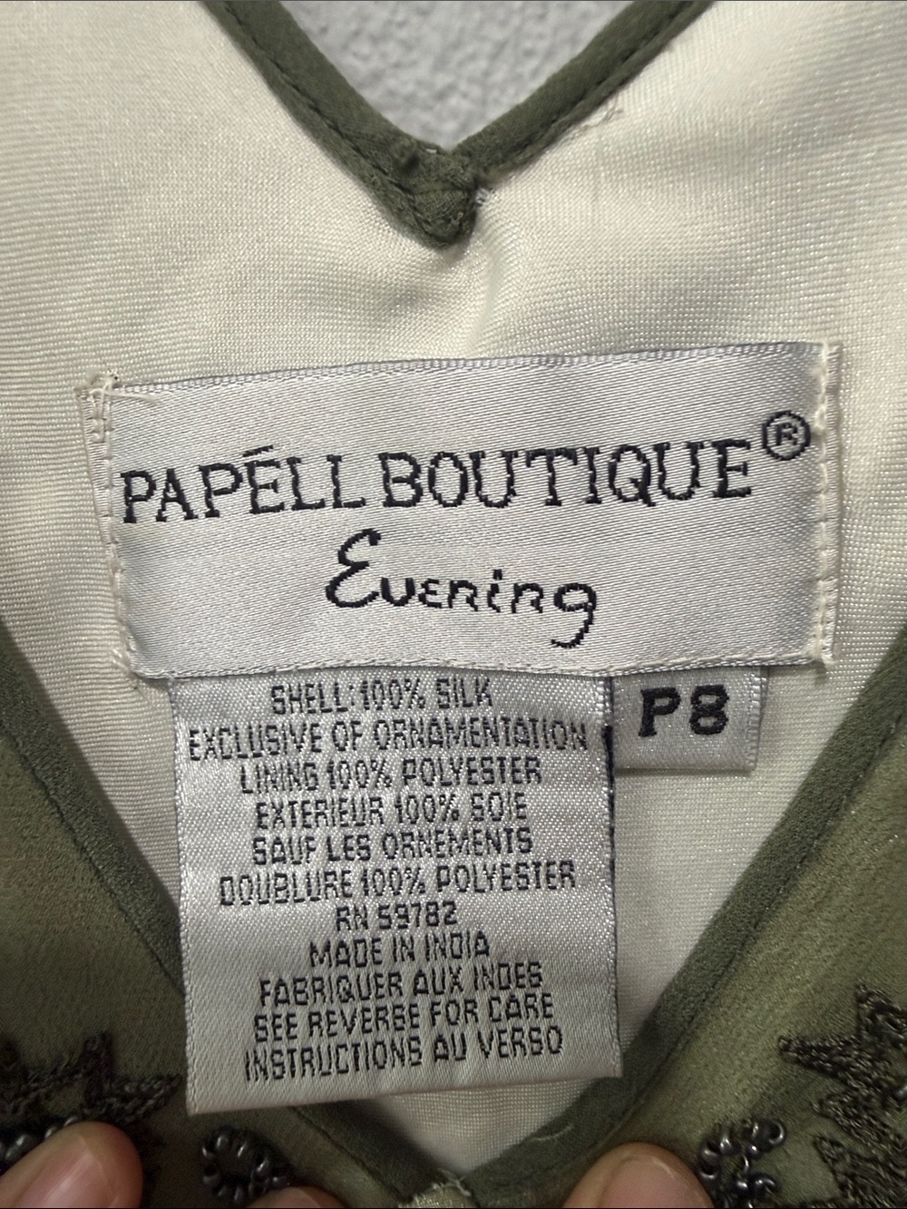 Papell Boutique Vintage Olive Green Embroidered V-Neck Midi Dress Size 8 Petite - Picture 2 of 14